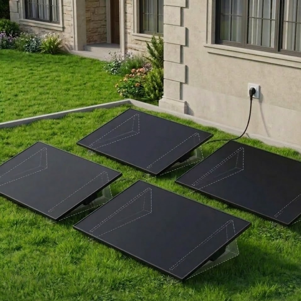 Solar panels on grass in front of a house