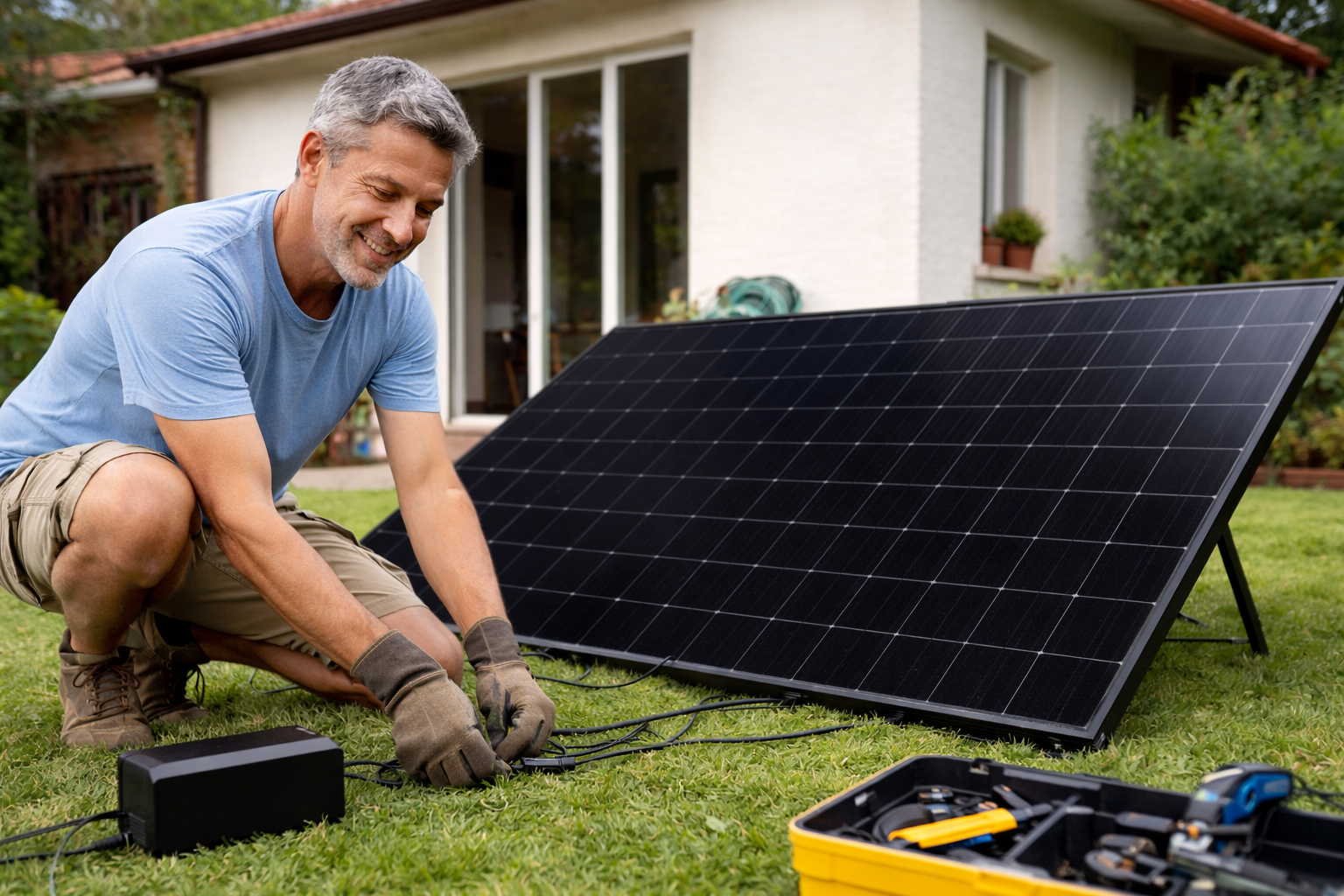 A man installing a plugin solar kit in his garden
