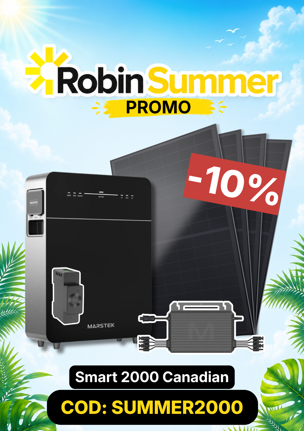 Promotional graphic for Robin Summer with battery, solar panels, and discount text on a bright background.