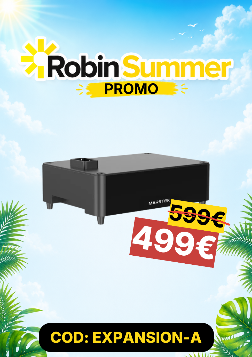 Battery with promotional pricing against a bright sky and palm tree background, featuring 'Robin Summer Promo'.
