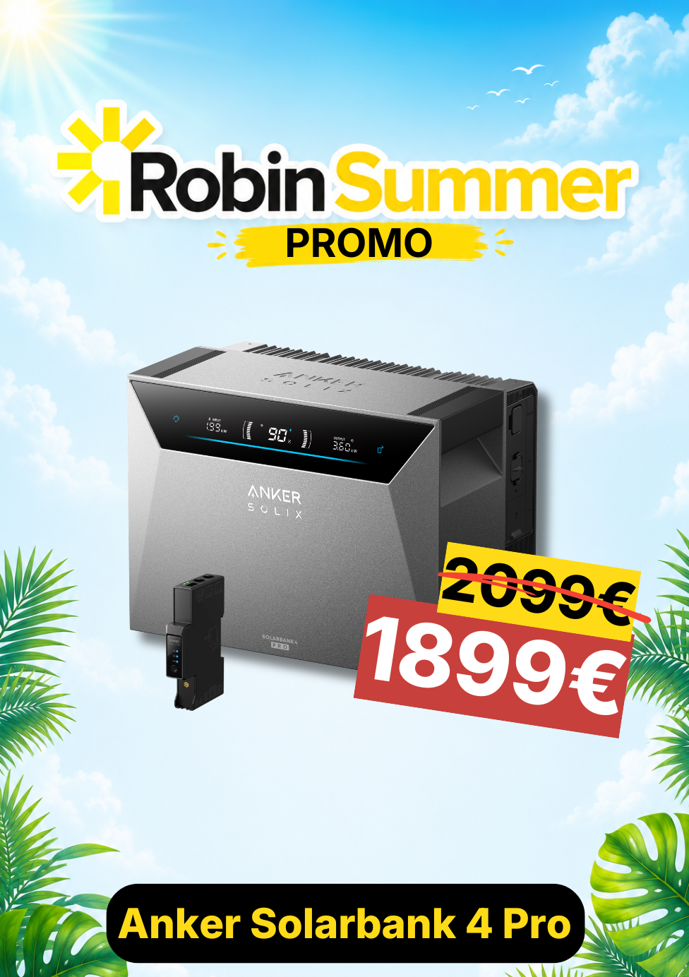 Anker Solarbank 4 Pro with promotional pricing against a scenic background